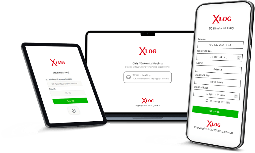 XLOG Hotspot karşılama portalı: tablet, dizüstü ve telefon ekranlarında giriş sayfası.