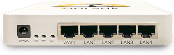Porsuk A105 ön paneli: 12V/2A güç girişi, RST, PWR ve ACT ledleri, WAN ve LAN1–LAN4 portları.
