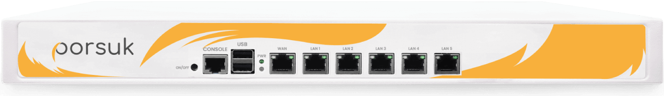 Porsuk E1006 ön paneli: ON/OFF düğmesi, CONSOLE ve USB girişleri, PWR ledi, WAN ve LAN1–LAN5 portları.