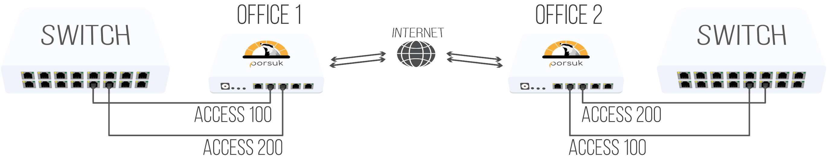 Access–access şeması: merkezdeki cihazın access portları Porsuk'un ayrı portlarına takılıyor ve her ağ uzak ofisteki karşılık gelen porta olduğu gibi aktarılıyor.