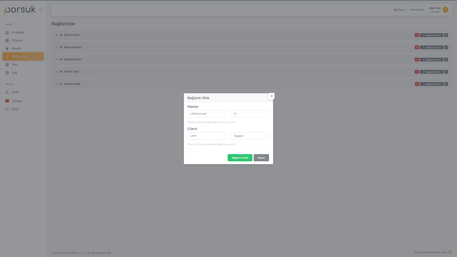 VLAN bağlantısı ekleme penceresi