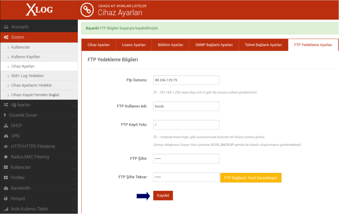 XLog ftp yedekleme ayarları