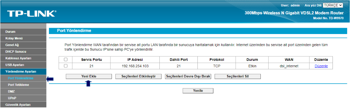 tp-link modem port yönlendirme