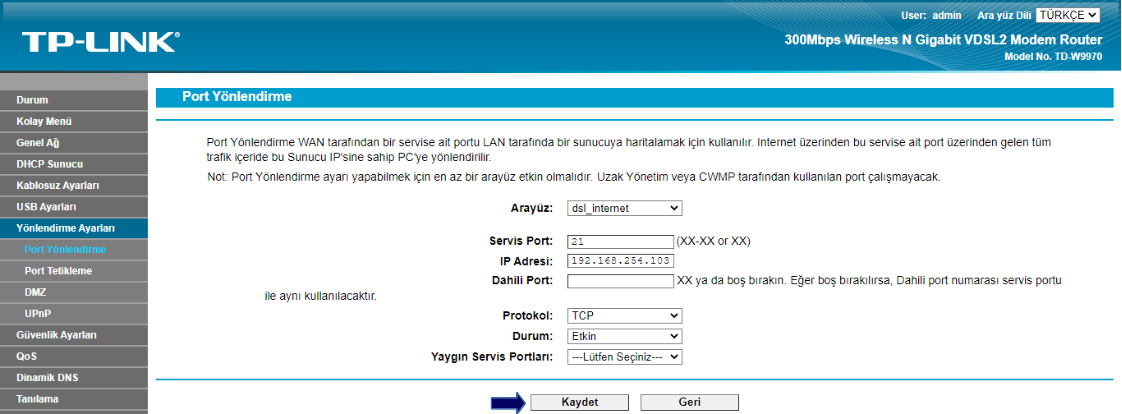 tp-link port yönlendirme yeni ekle