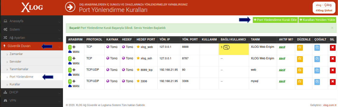 XLog port yönlendirme ekleme