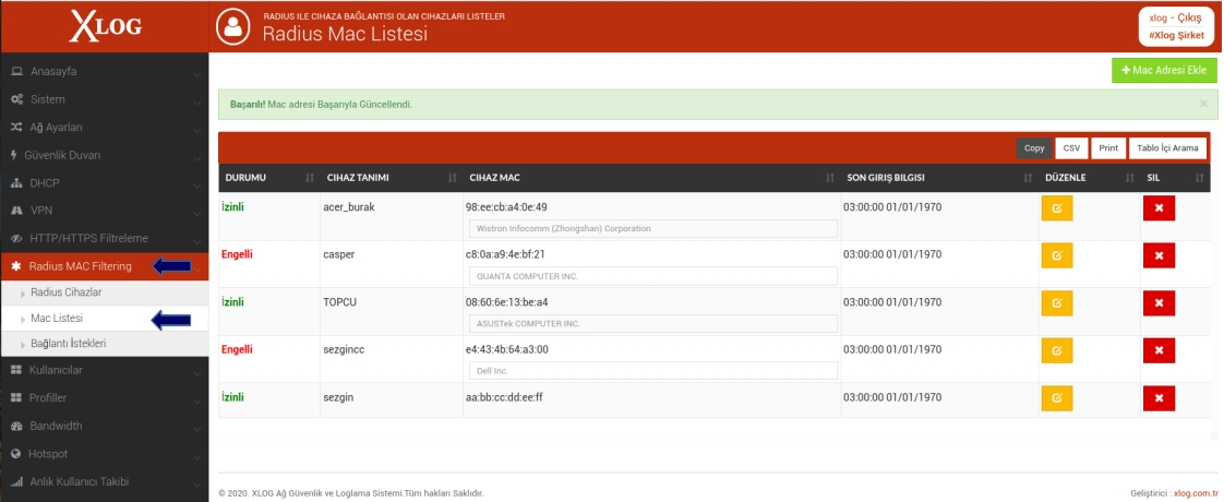 xlog radius mac authentication