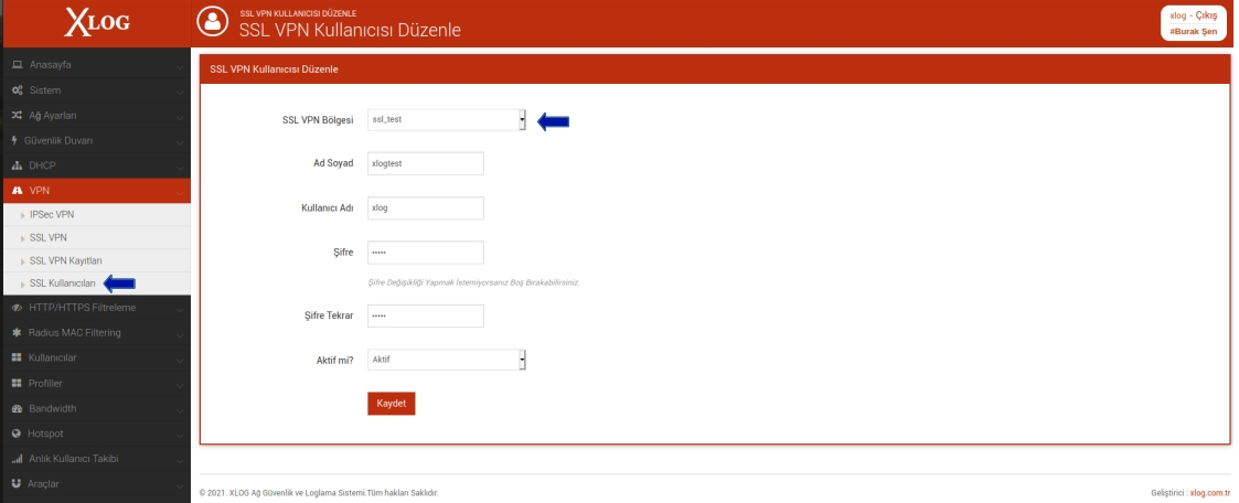 XLog ssl vpn kullanıcı ekleme bilgileri