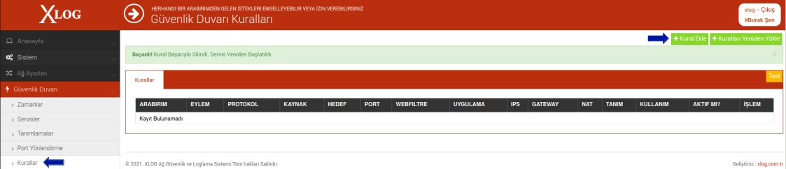 XLog Güvenlik Duvarı kuralı ekleme