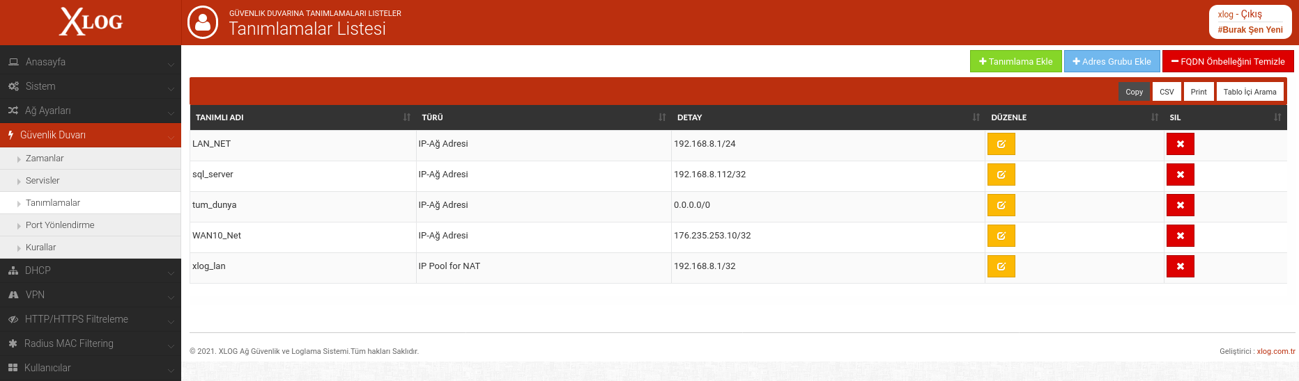 xlog firewall addresses