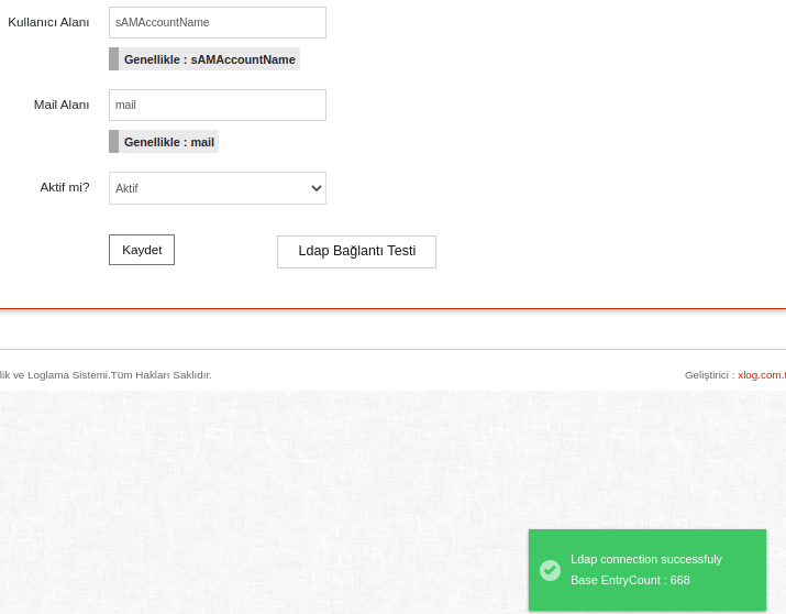 AD bağlantı testi xlog