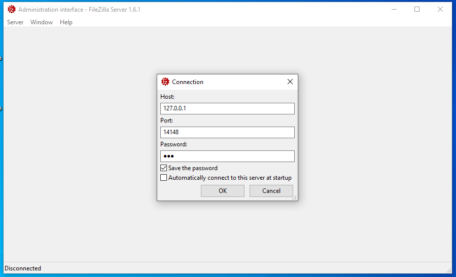 filezilla server connect admin
