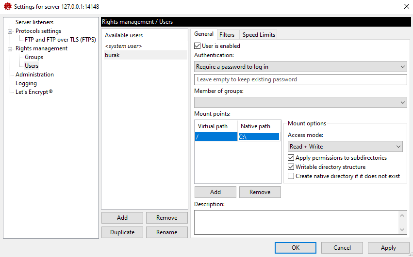filezilla server users settings