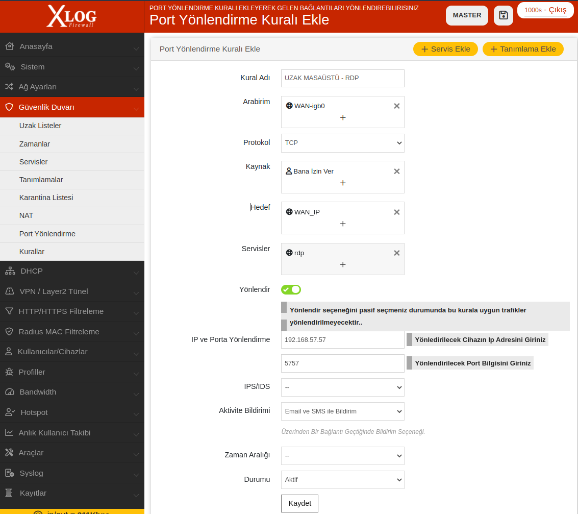 xlog port yönlendirme bana izin ver