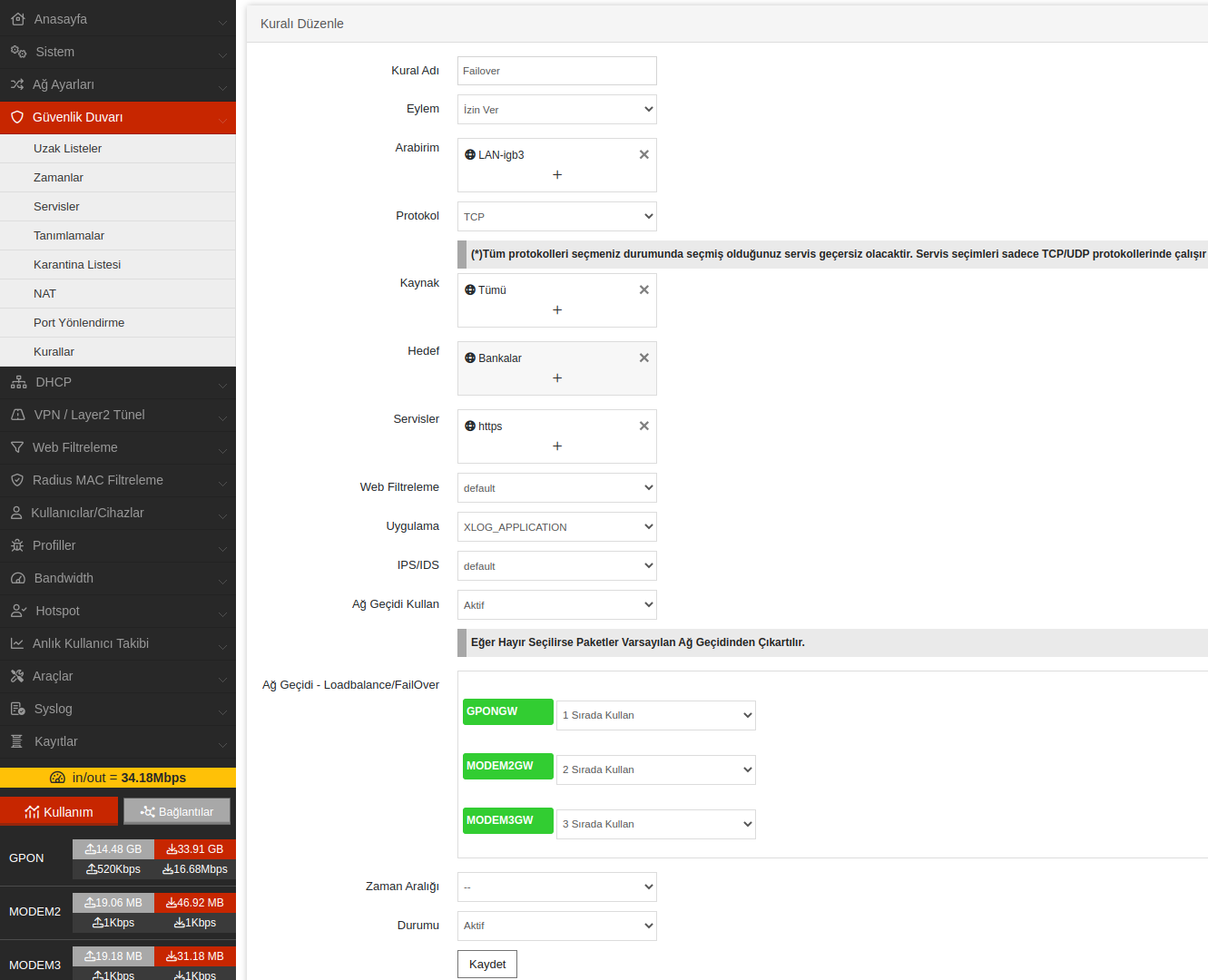 XLog Firewall bankacılık Load Balance Kuralı ekleme