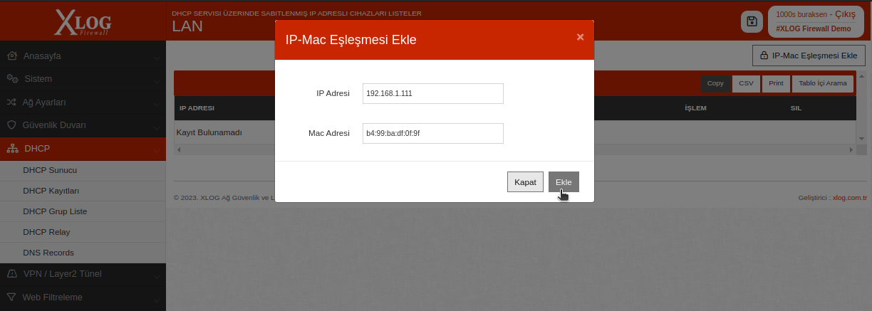 IP mac eşleşmesi ekleme