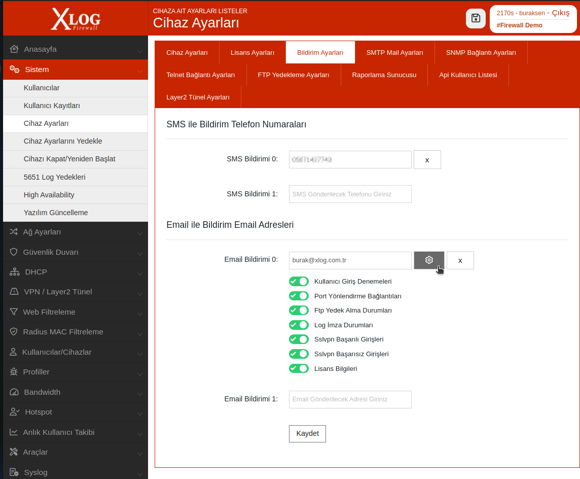 xlog firewall bildirim ayarları