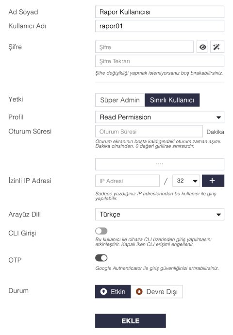 Sınırlı kullanıcı ekleme
